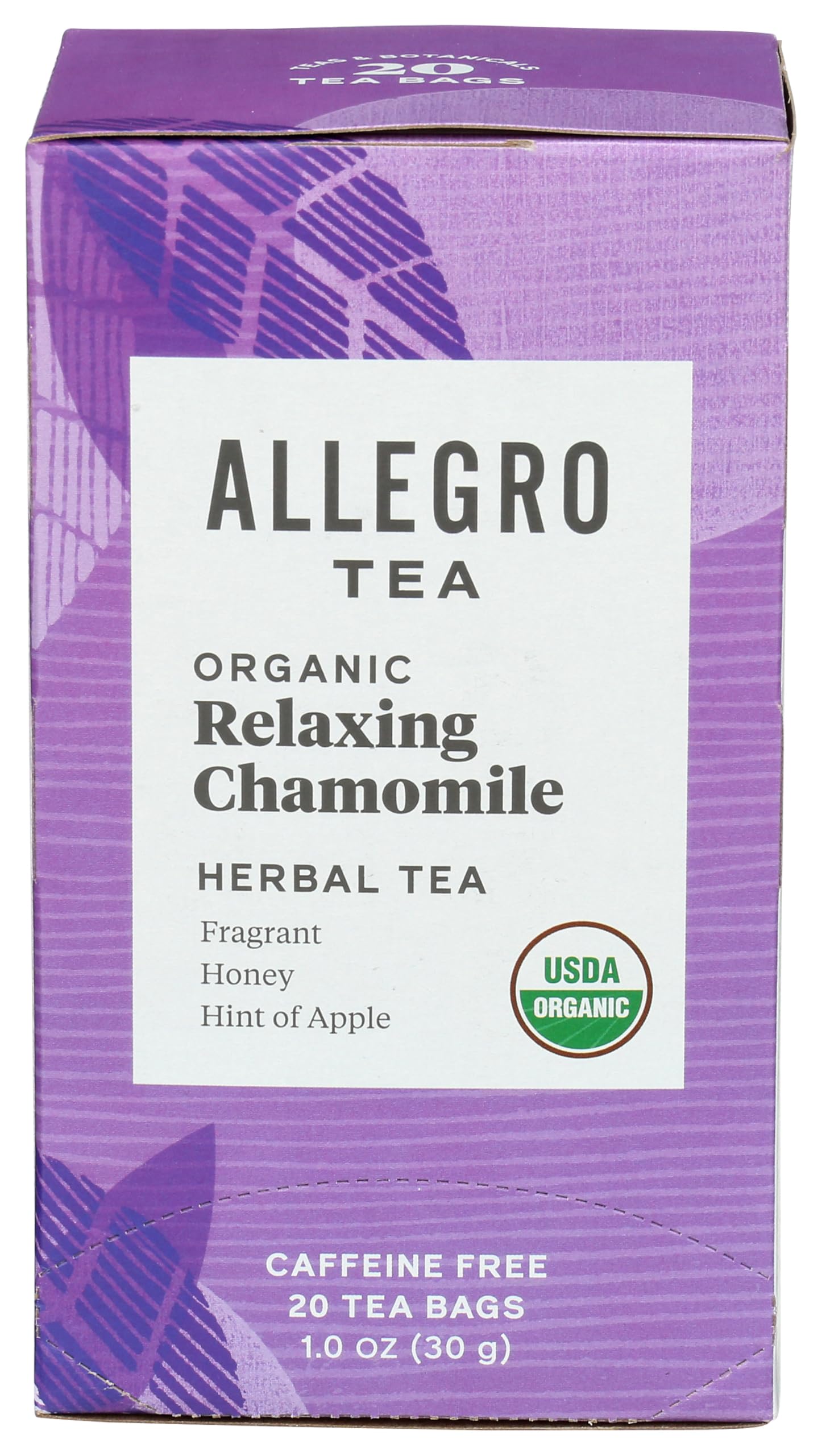 Allegro Tea Relaxing Chamomile tea bags offer a caffeine-free, soothing ritual.