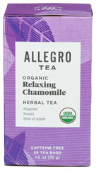Allegro Tea Relaxing Chamomile tea bags offer a caffeine-free, soothing ritual.
