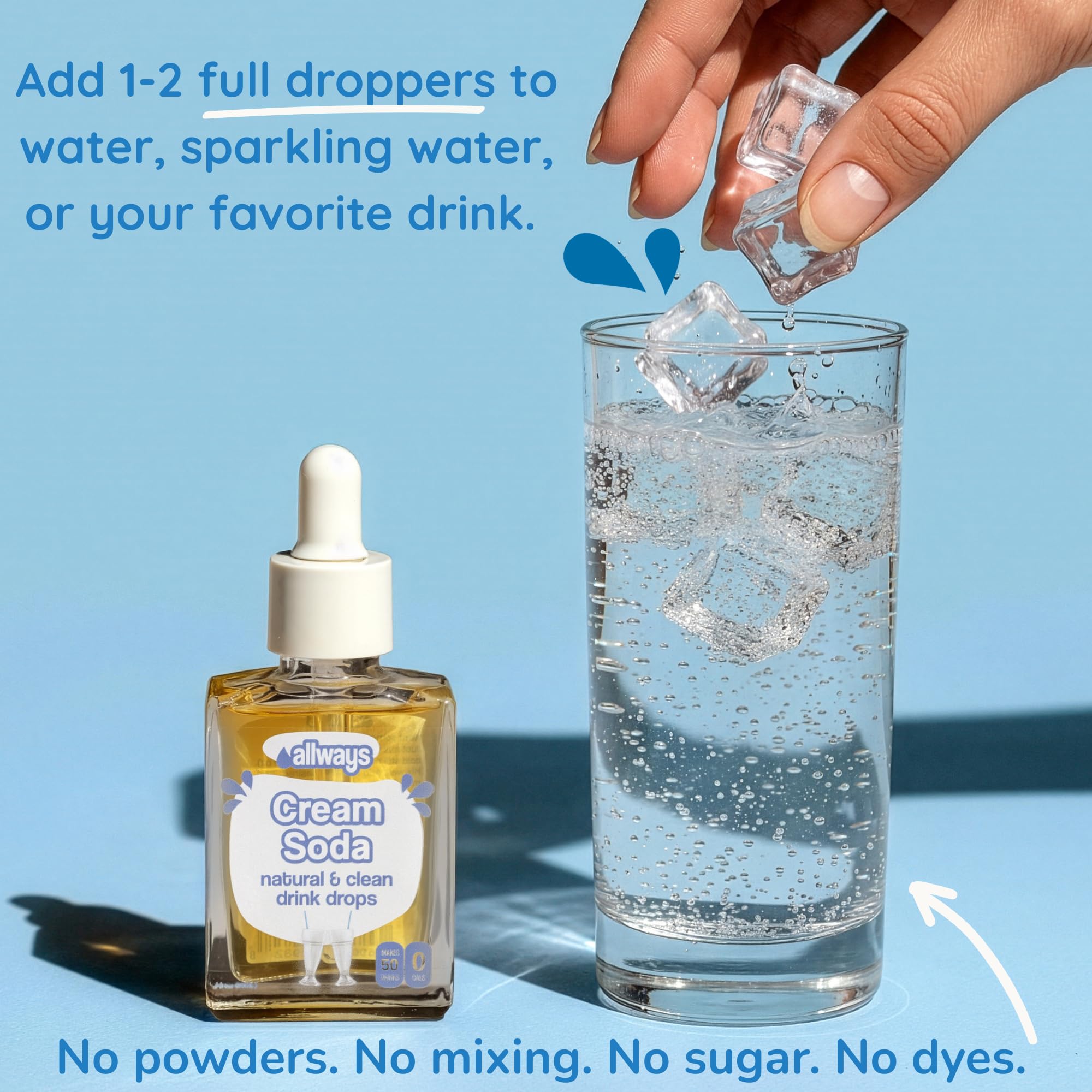 Allways Drops cream soda flavor dissolving in a sparkling water glass.