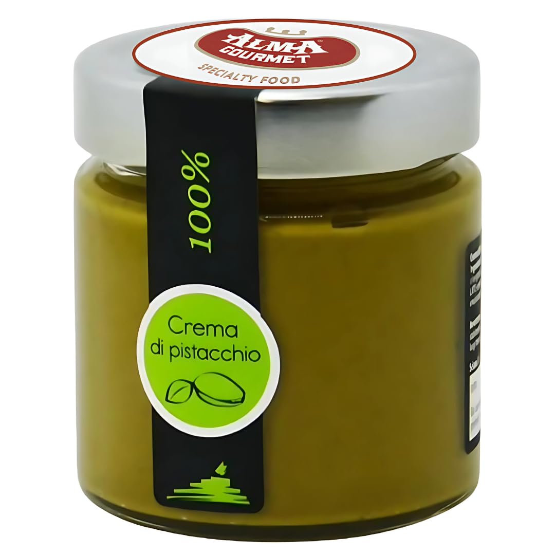 Alma Gourmet 100% Pistachio Butter Spread jar with creamy texture, ideal for spreading on toast.