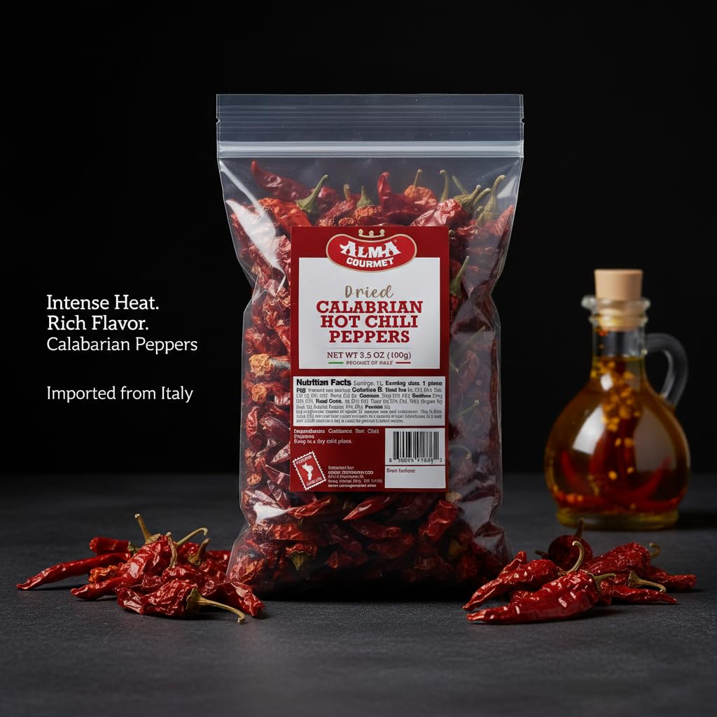 Alma Gourmet dried chili peppers closeup, premium Calabrian spice for stocks and oils