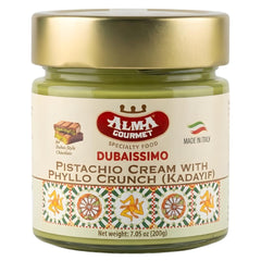 Close-up of Alma Gourmet Dubaissimo pistachio cream texture in jar