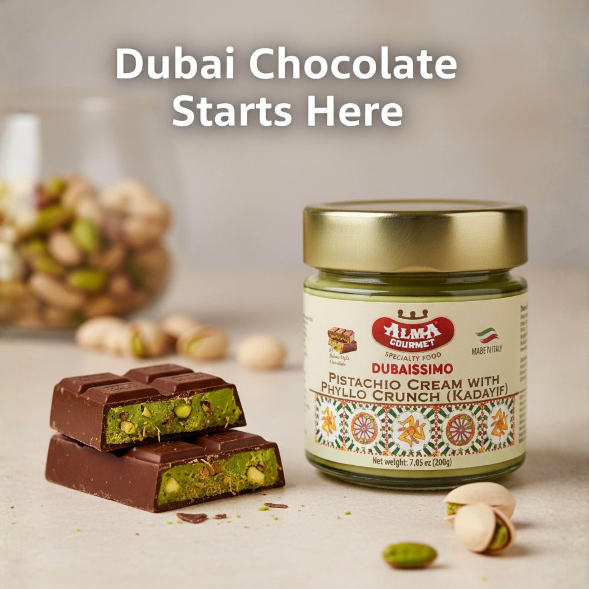Pistachio donut topped with Alma Gourmet Dubaissimo cream