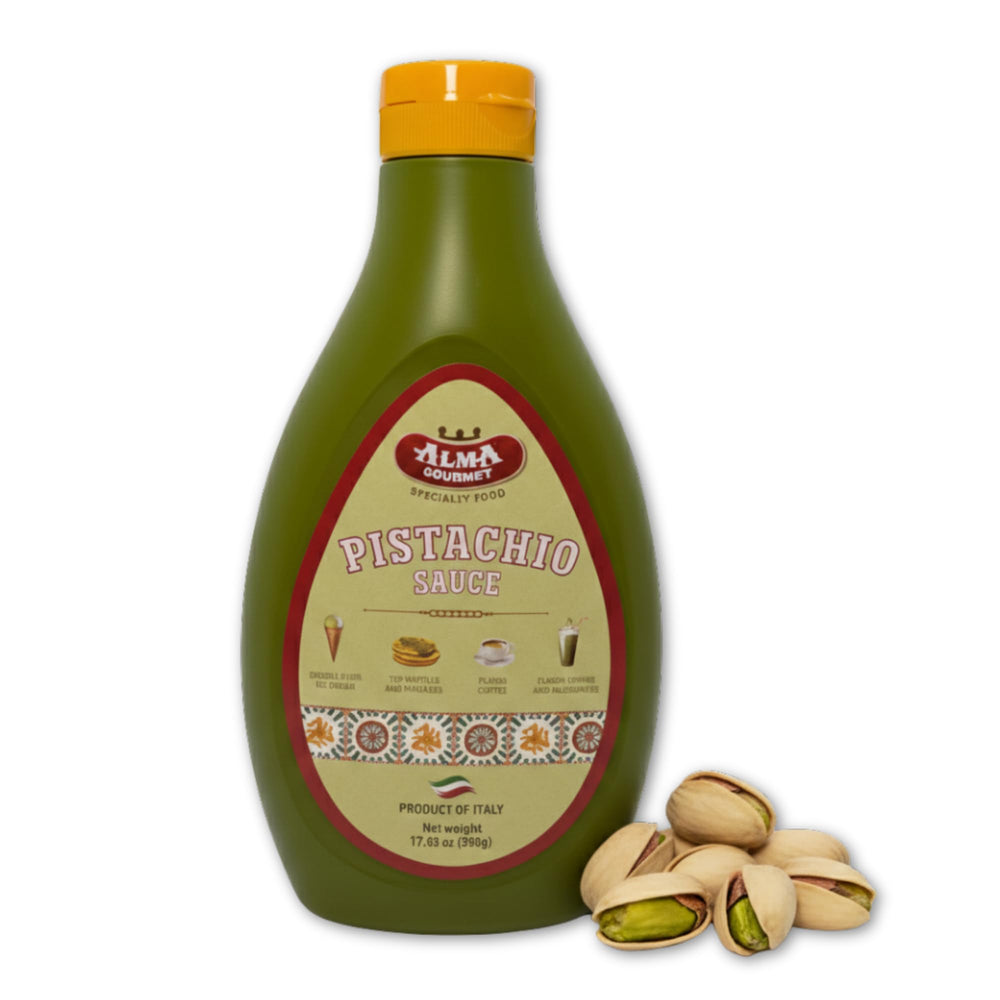 Alma Gourmet Pistachio Sauce bottle pouring, ideal dessert drizzle for rich flavor