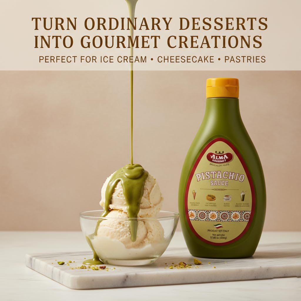 Alma Gourmet Pistachio Sauce drizzle on gelato enhances color and aroma