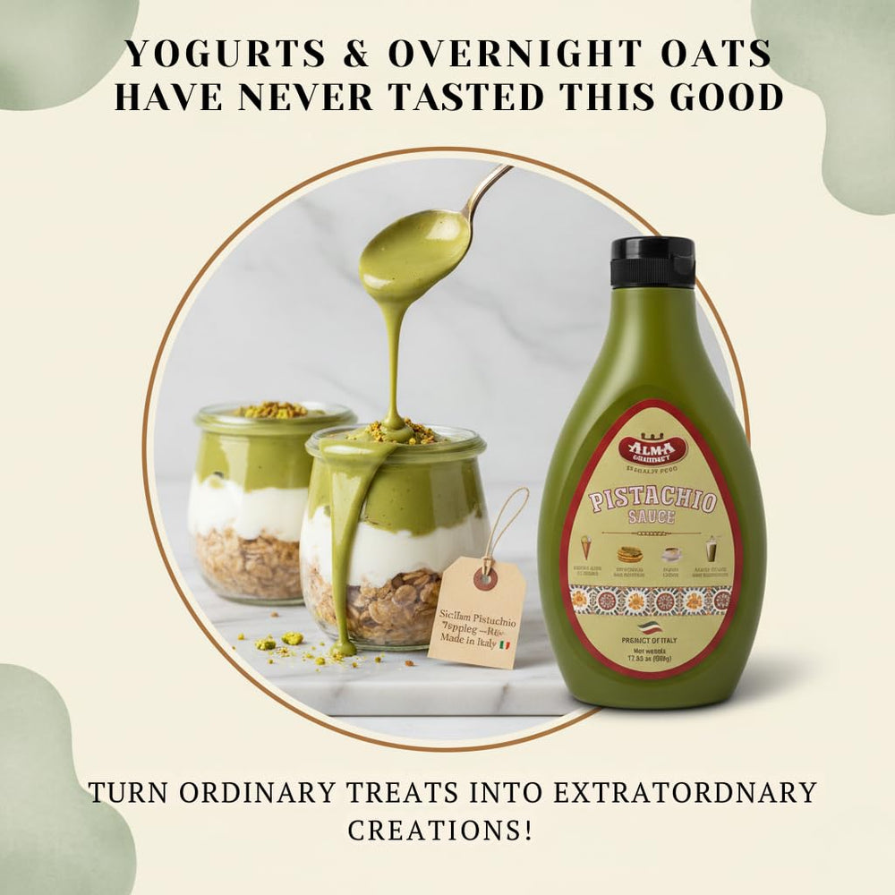 Alma Gourmet Pistachio Sauce on waffles and pancakes adds luxurious finish