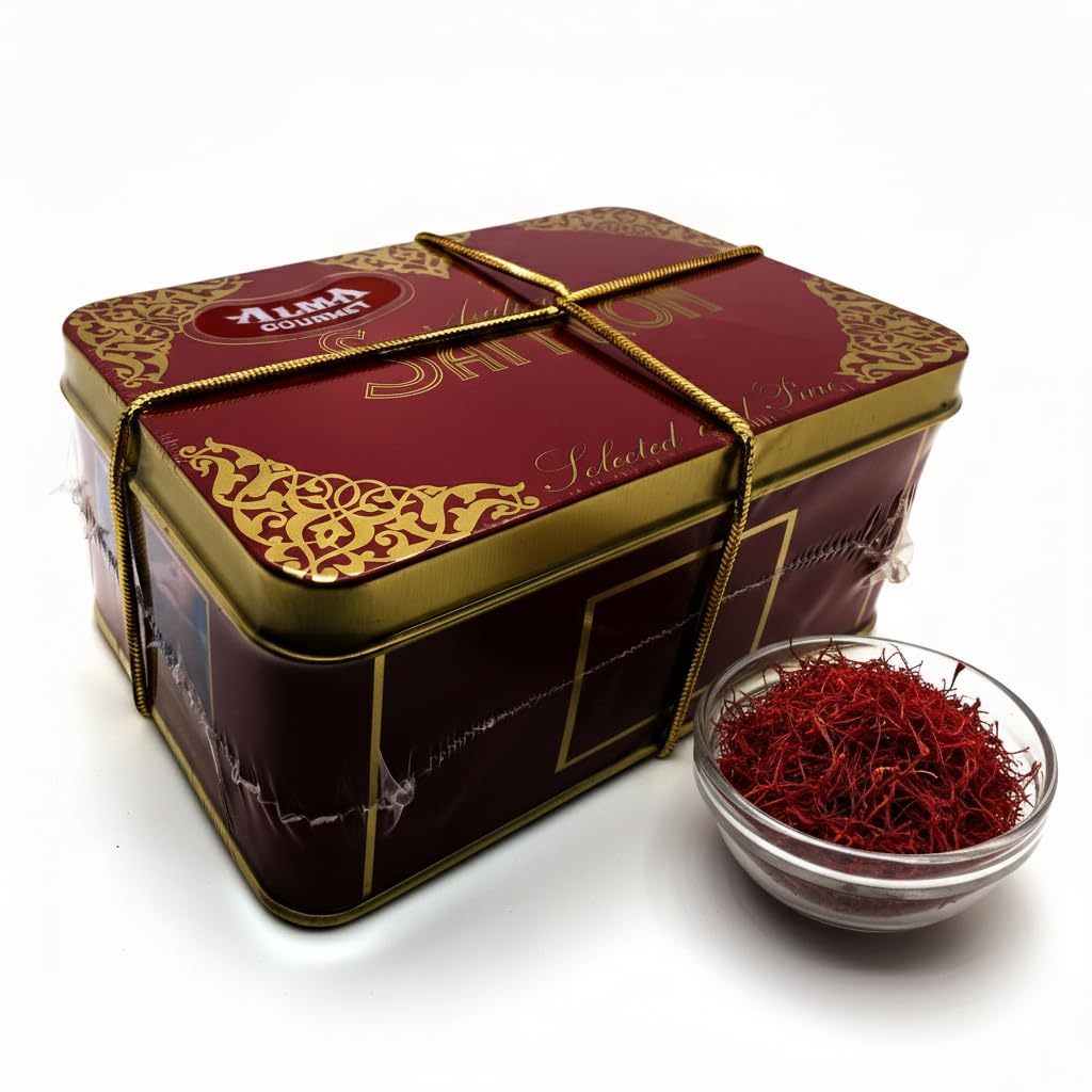 Alma Gourmet Spanish saffron threads in tin provide vibrant color for dishes