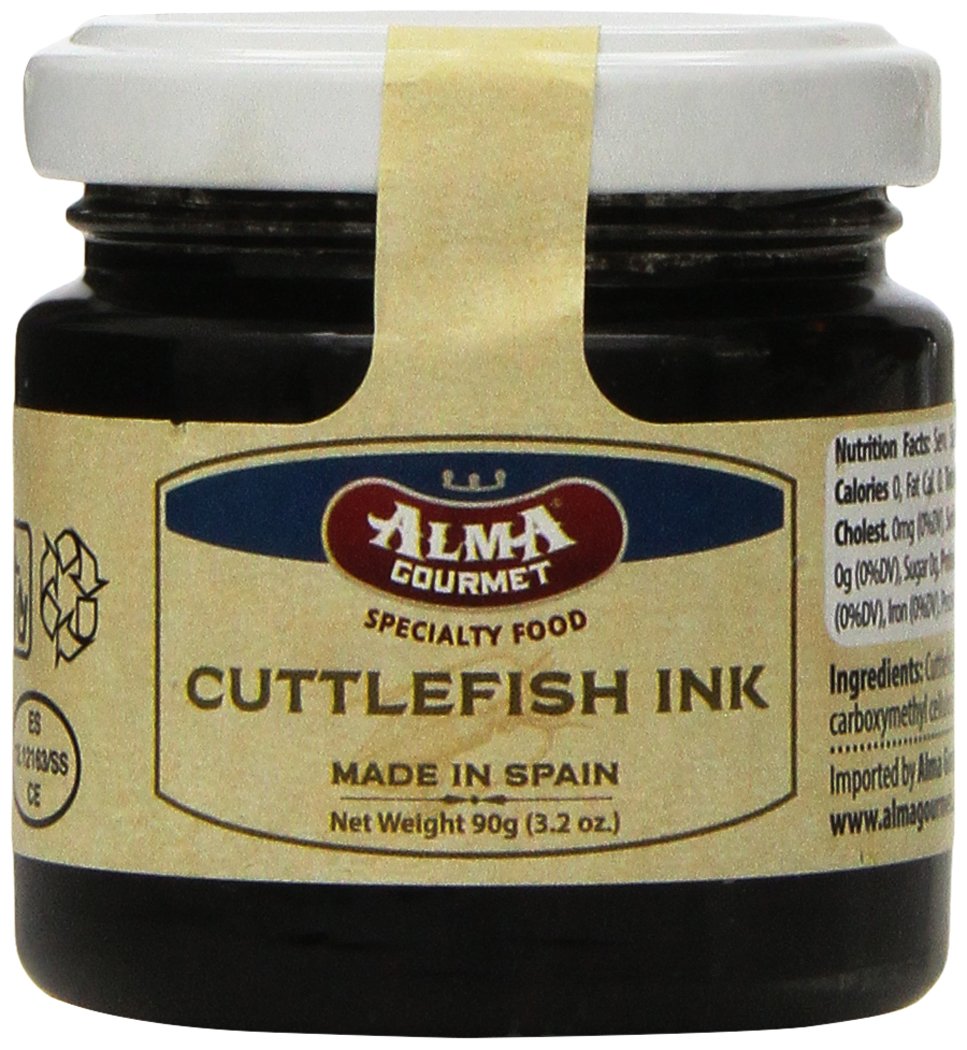 Alma Gourmet squid ink in a glass jar adds vivid color to seafood dishes.