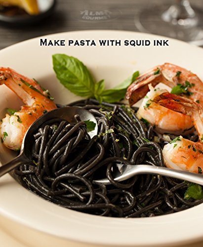 Alma Gourmet squid ink on a spoon highlighting color and usage options.