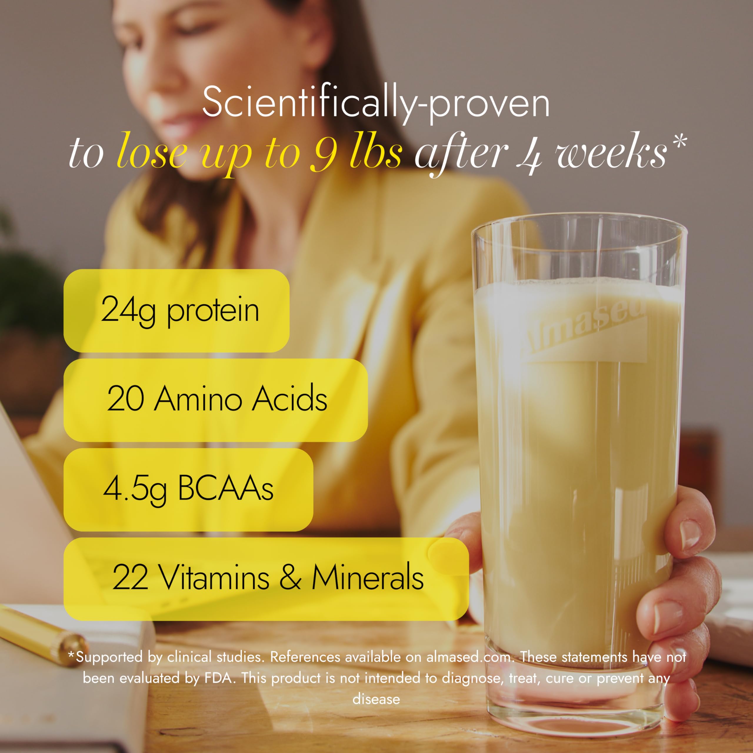 Almased ingredients panel highlights plant-based protein mix.