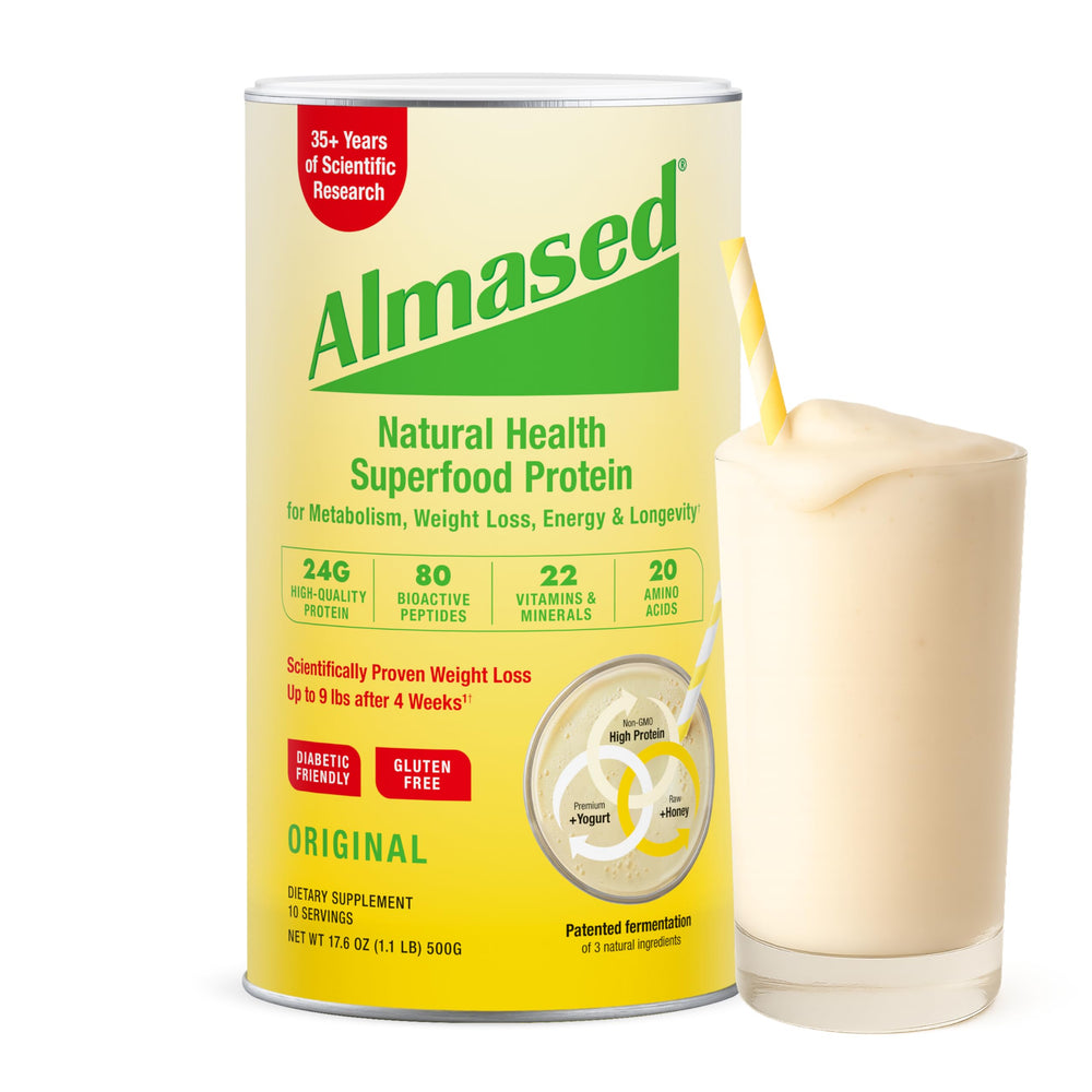 Almased Original Flavor tub front: plant-based protein for satisfying meals and steady energy