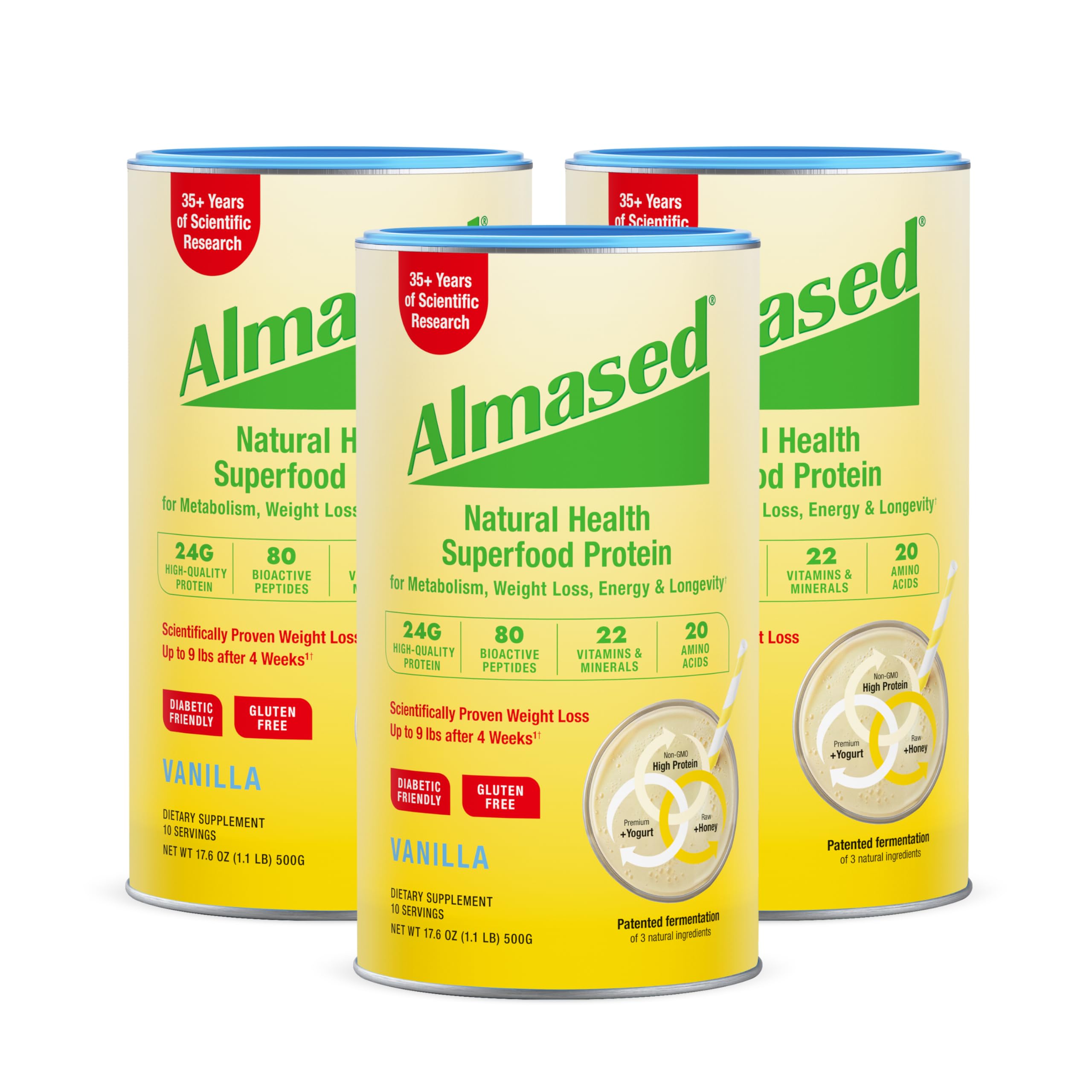 Almased vanilla bottle on counter; convenient weight management option.