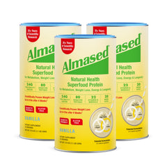 Almased vanilla bottle on counter; convenient weight management option.
