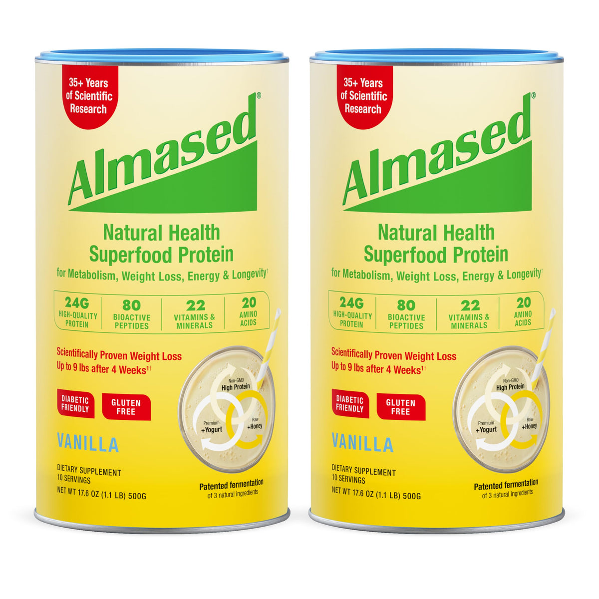 Almased vanilla shake poured into a glass for a quick gluten-free meal