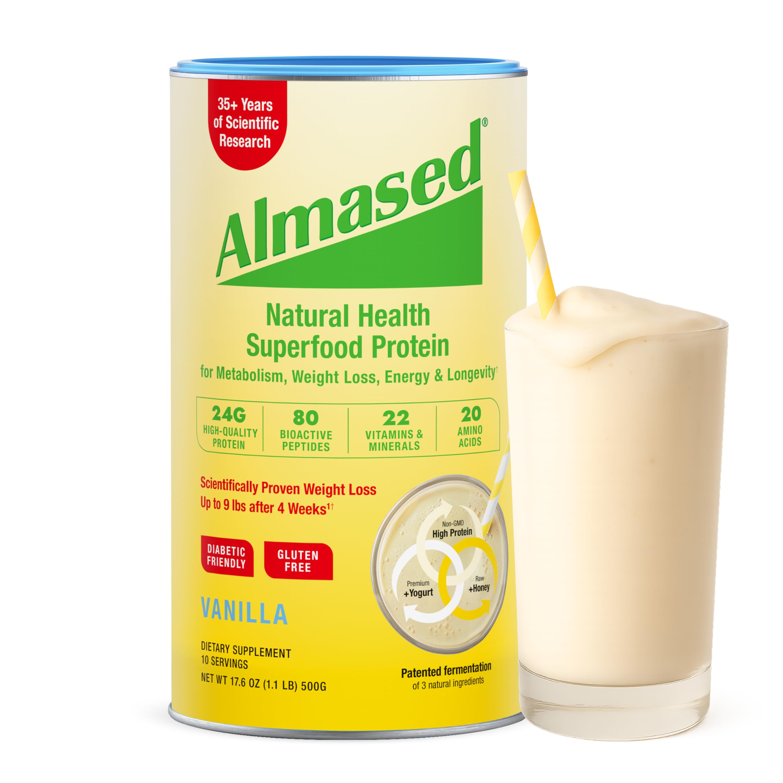 Almased Vanilla meal replacement tub front showing clean protein label and branding