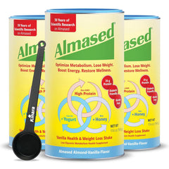 Almased Vanilla protein powder bottle for convenient meal replacement
