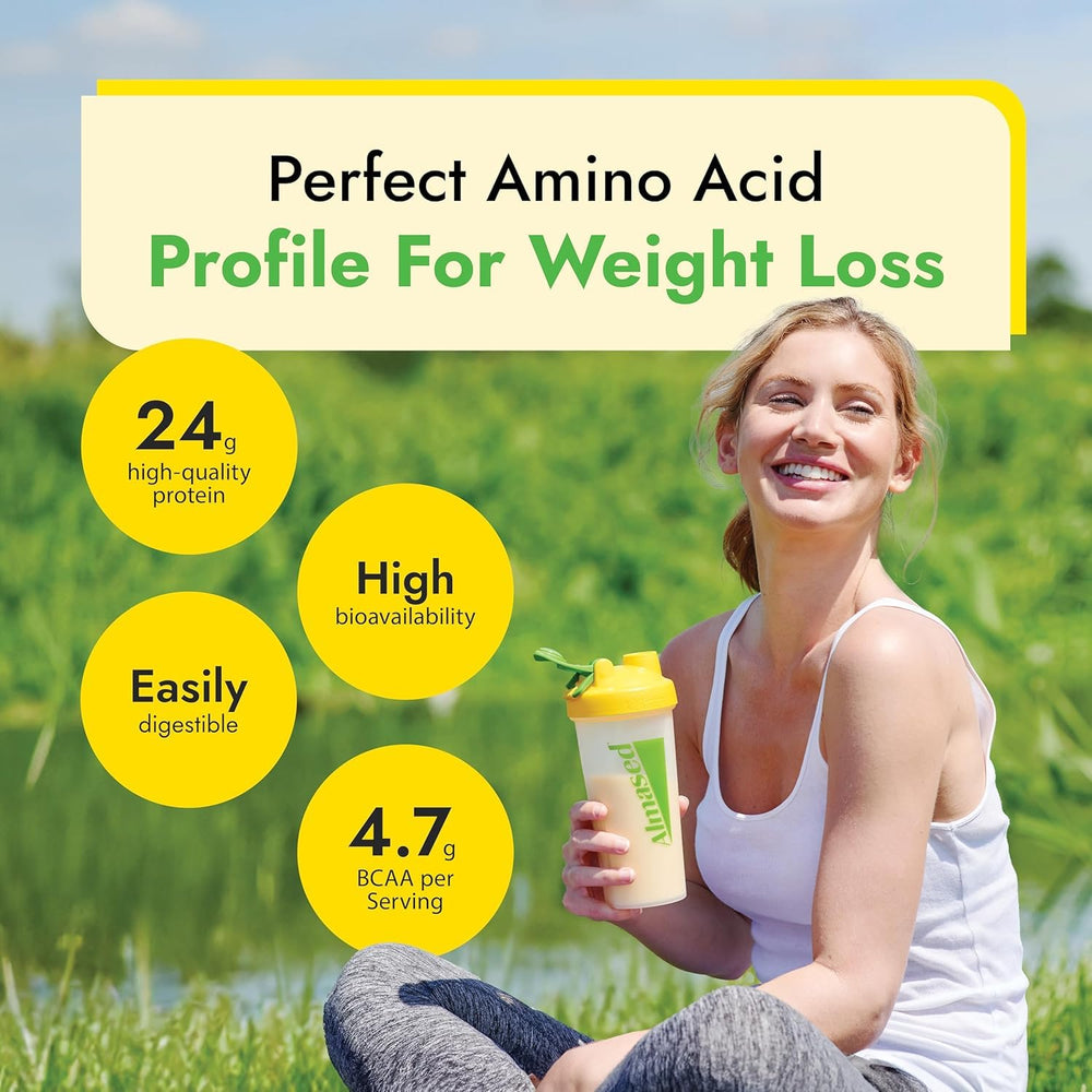 Almased vanilla protein powder packaging in a 17.6 oz bottle