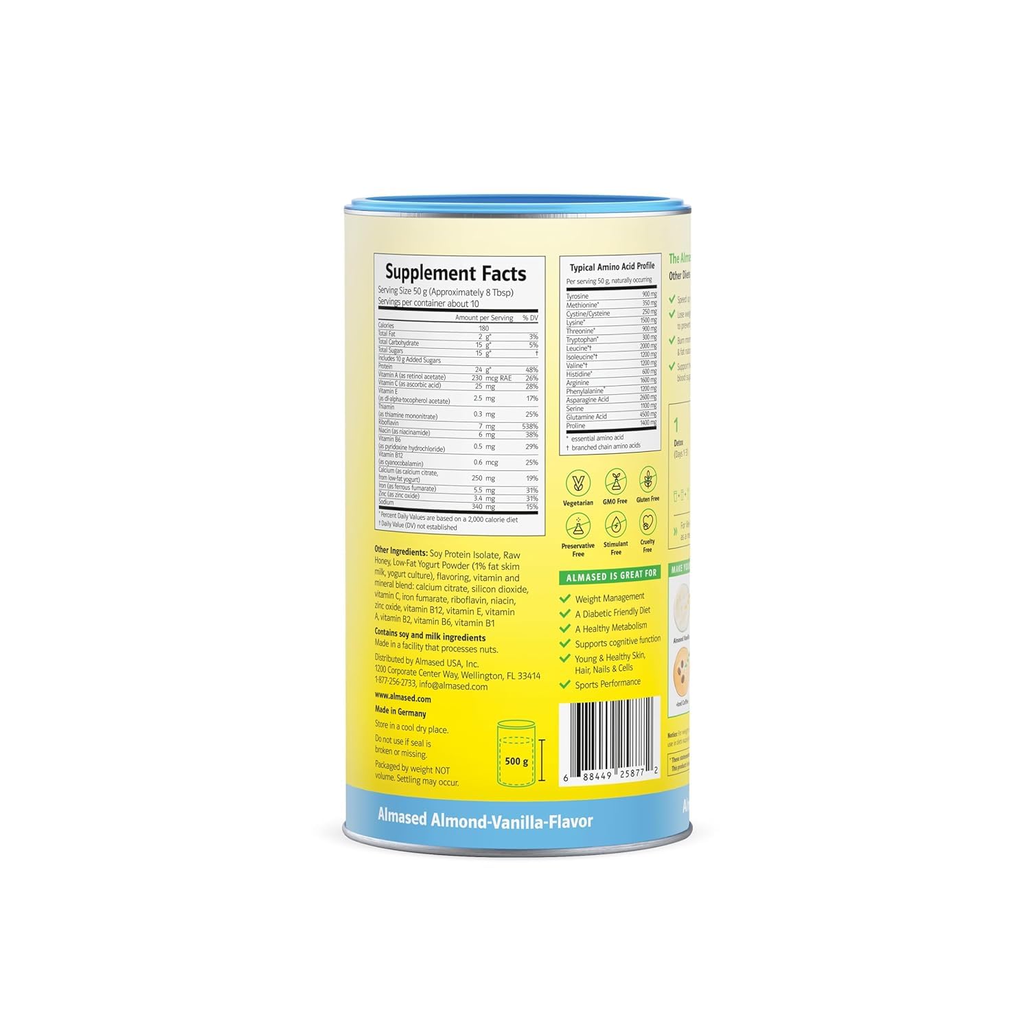 Almased vanilla protein powder shake glass shows a creamy, ready-to-drink shake