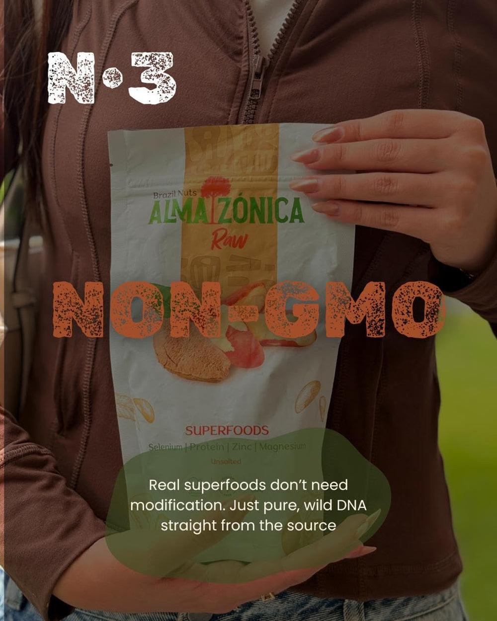 ALMA ZÓNICA non-GMO Brazil nuts in 1 lb bag, responsibly sourced.