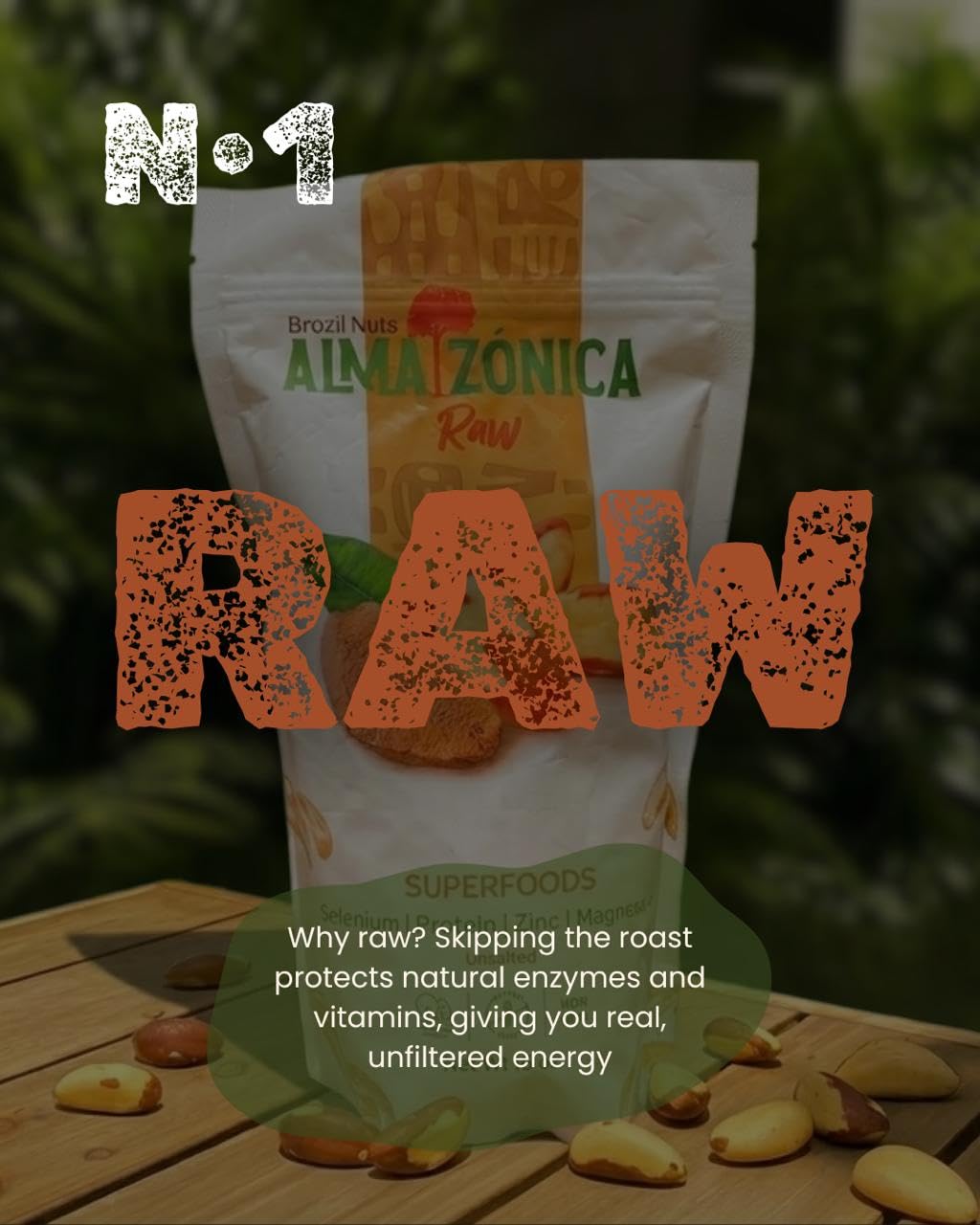 ALMA ZÓNICA unsalted Brazil nuts in bowl, pure flavor without added salt.