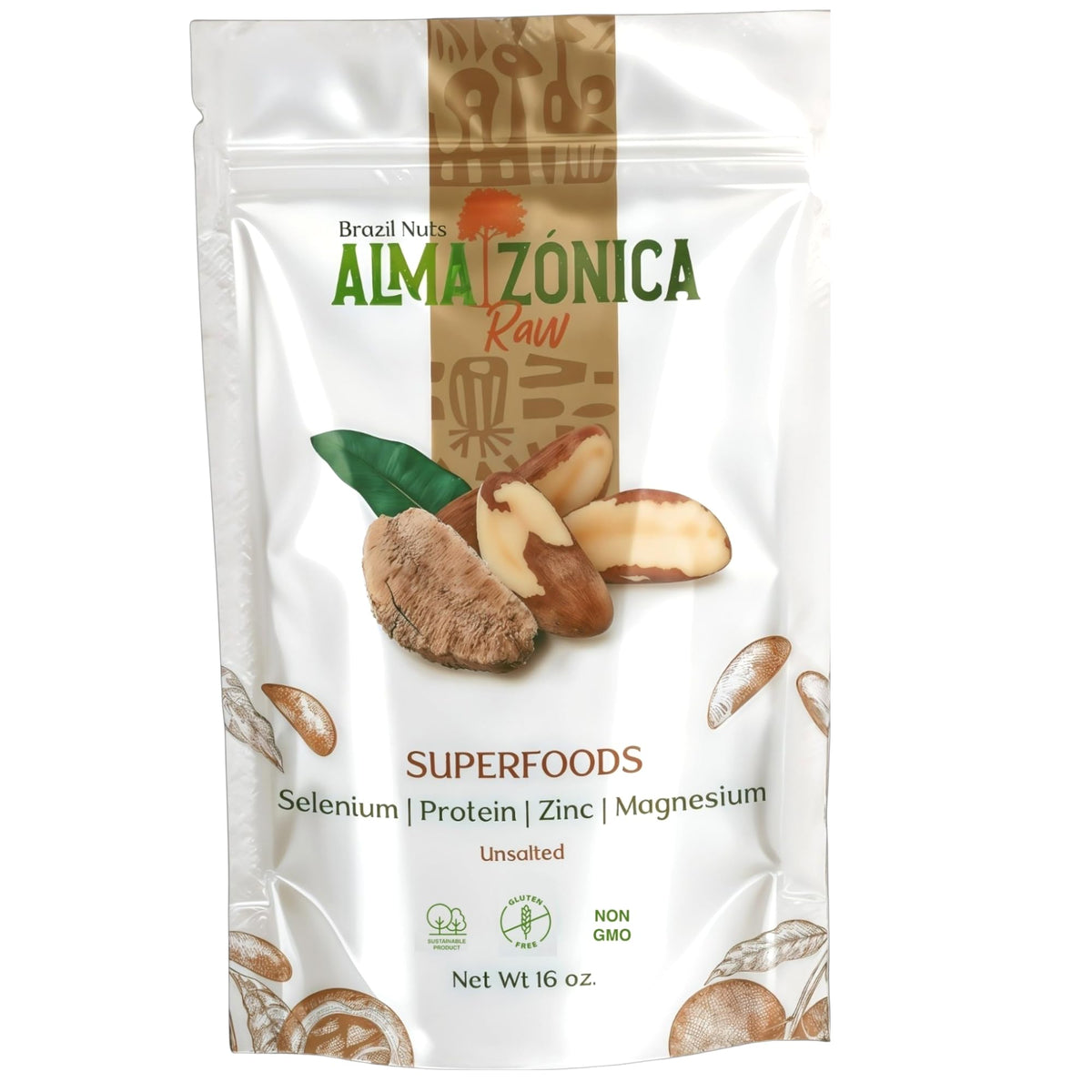 ALMA ZÓNICA raw Brazil nuts in a resealable bag for lasting freshness and convenience.