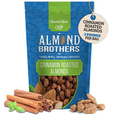 Almond Brothers cinnamon glazed almonds in a bowl, pantry-ready snack.