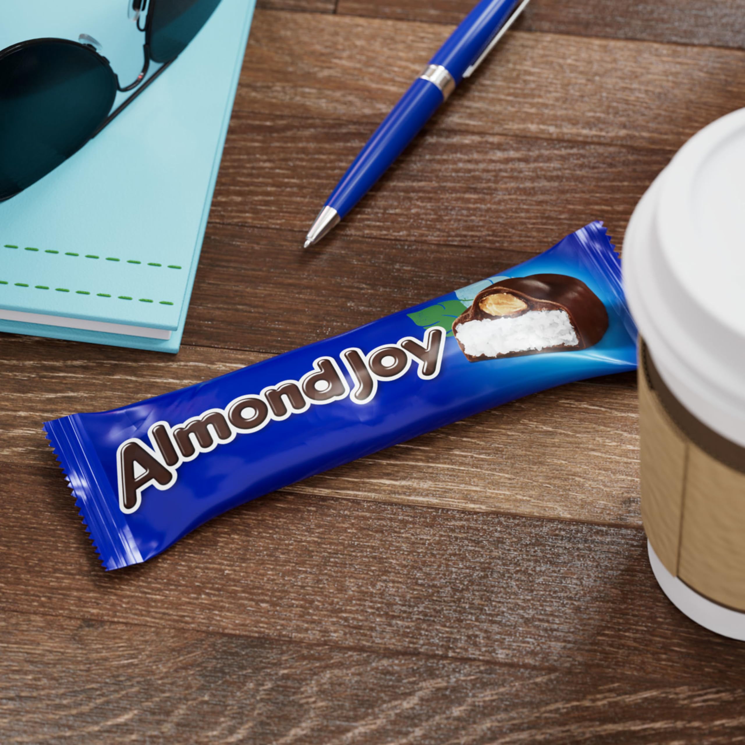 Bulk box display of Almond Joy packs for events.