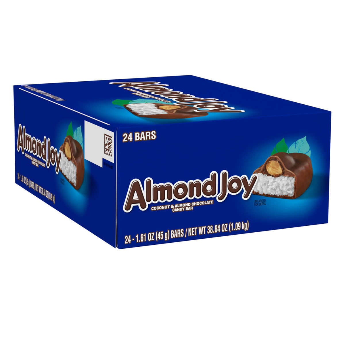 Almond Joy coconut and almond bars on the front box, tropical appeal.