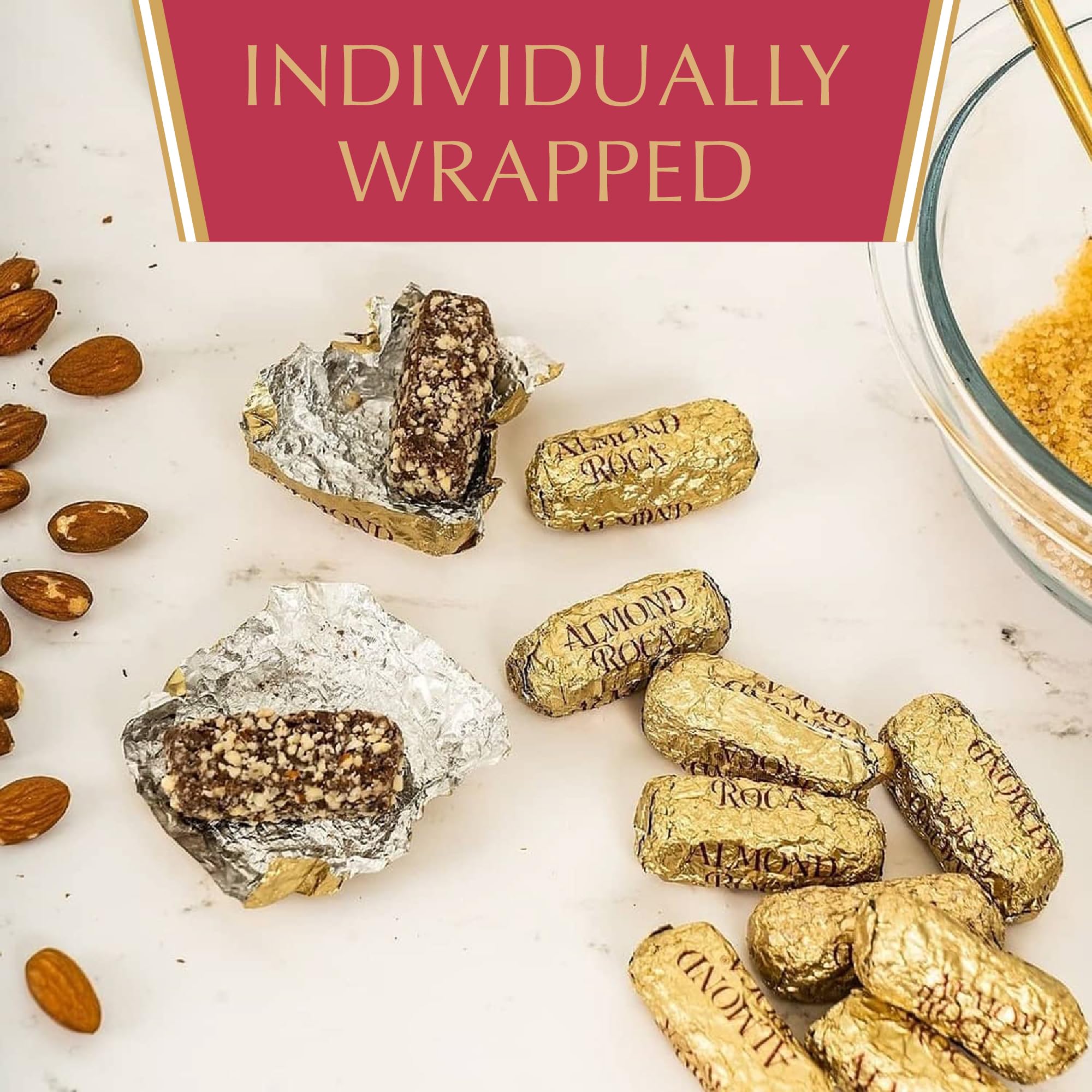 Almond Roca sliced toffee pieces showing layers, ideal for tea time indulgence.