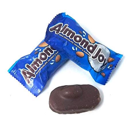 Side view of Almond Joy packaging shows convenient 3 lb quantity.