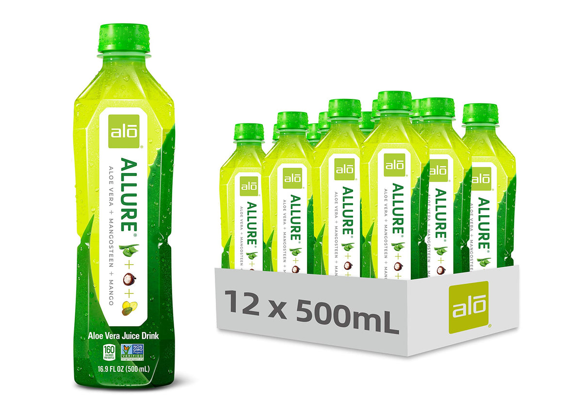 ALO Allure mangosteen mango bottle pour shows refreshing plant-based hydration with real aloe pulp.