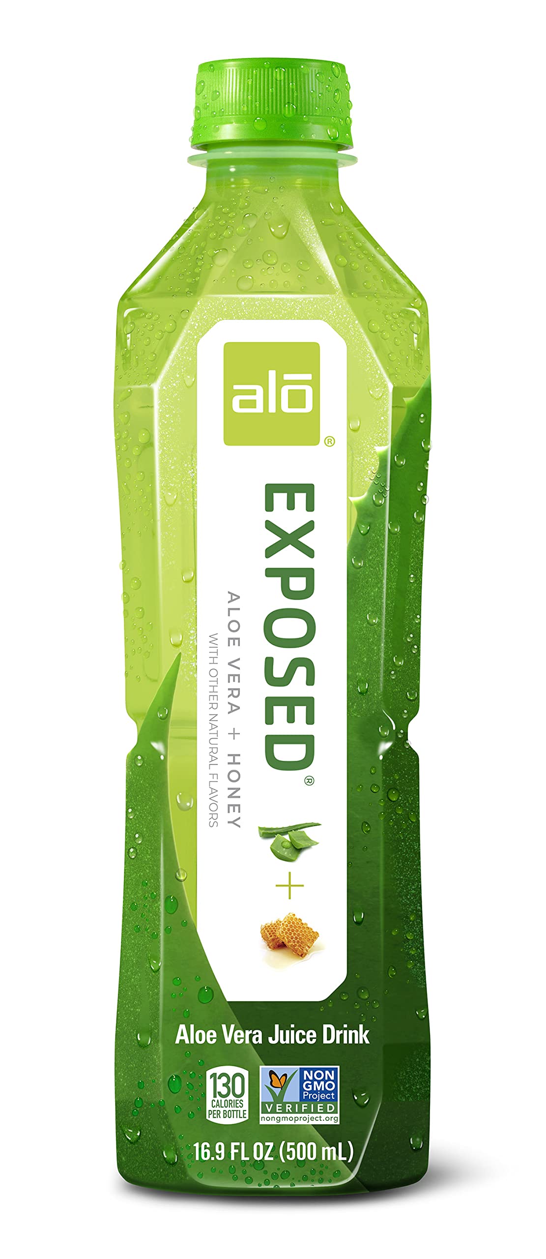 ALO Original honey-splash with a glass suggests energizing, lightly sweetened flavor.