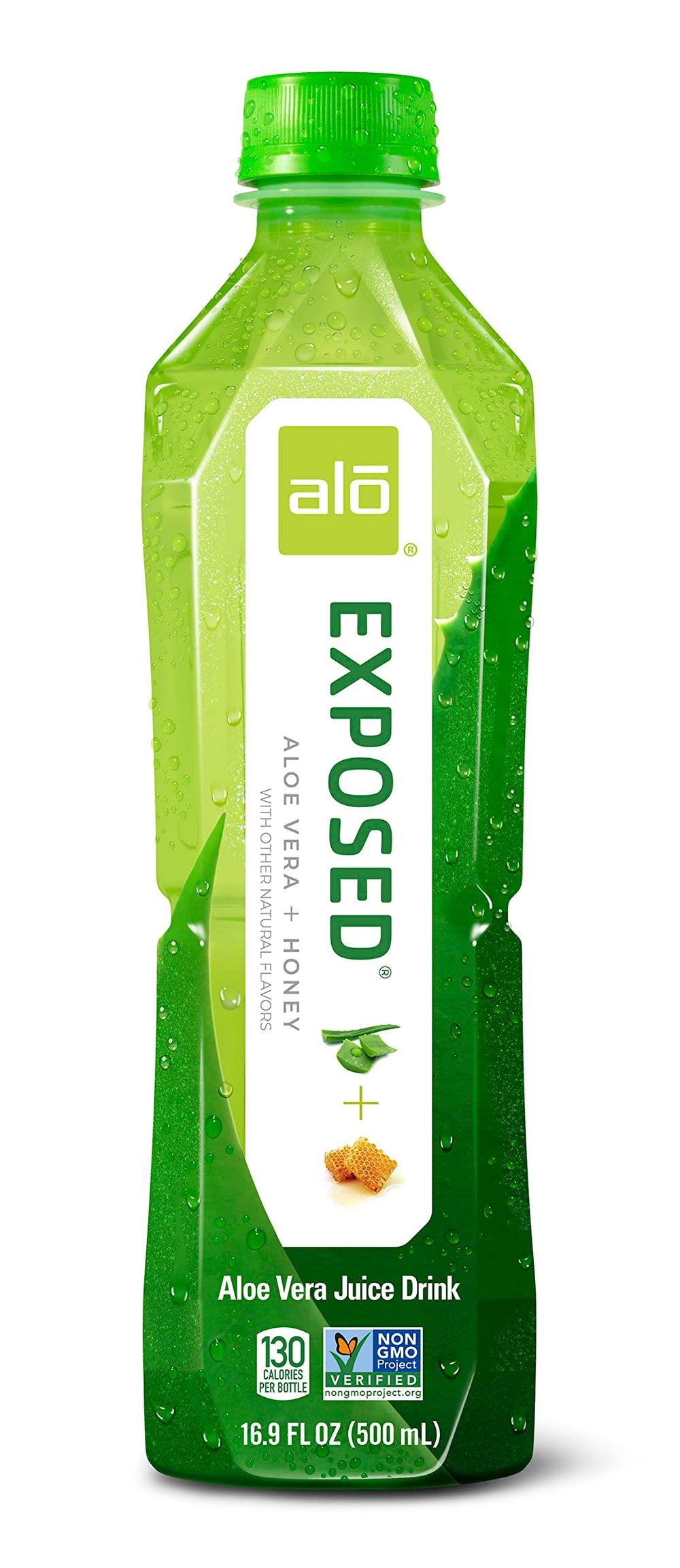 ALO Original honey-splash with a glass suggests energizing, lightly sweetened flavor.