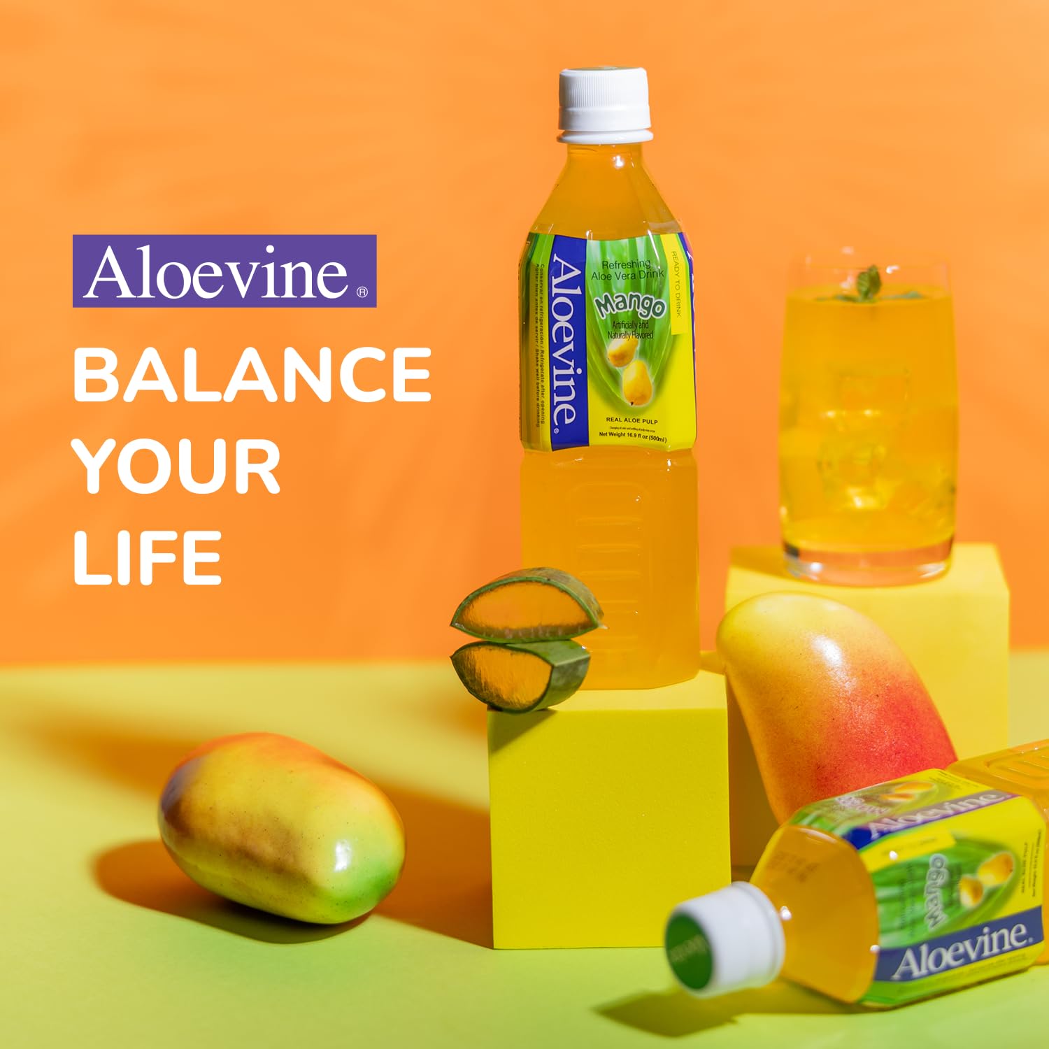 Aloevine aloe pulp detail highlights 8 percent content with a smooth mango taste.