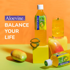 Aloevine aloe pulp detail highlights 8 percent content with a smooth mango taste.