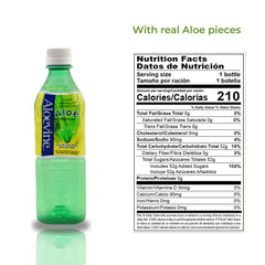 Close-up of Aloevine Aloe Vera Drink Original with visible aloe pulp texture.