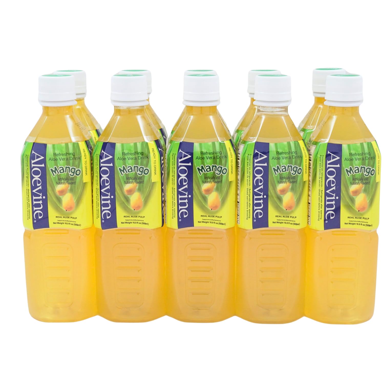 Aloevine Mango bottle shows tropical flavor and aloe pulp for refreshing on-the-go hydration.