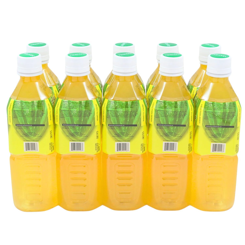 Aloevine mango-fruit-and-bottle offers tropical flavor for on-the-go refreshment.