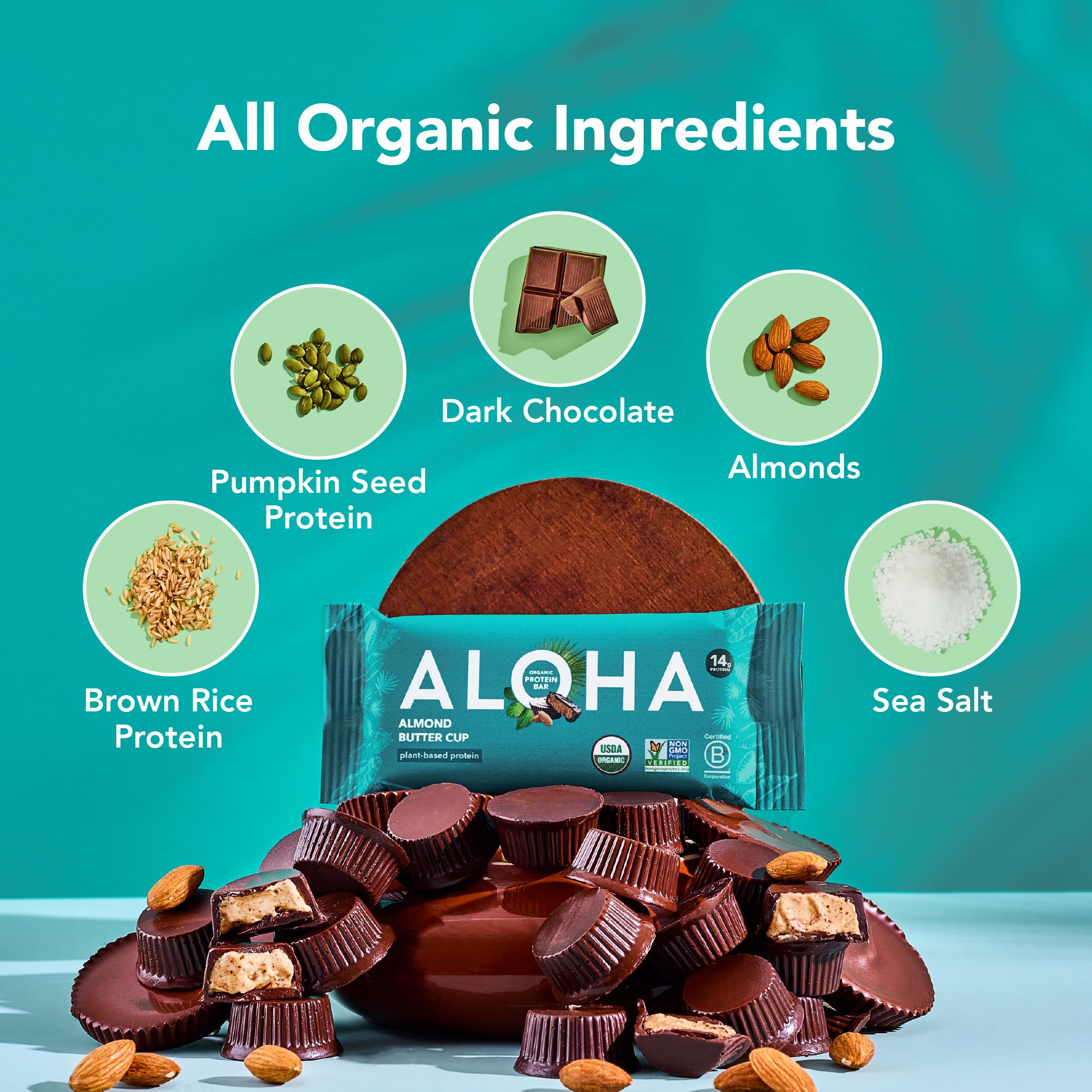 ALOHA ingredients show organic brown rice protein and pumpkin seeds.