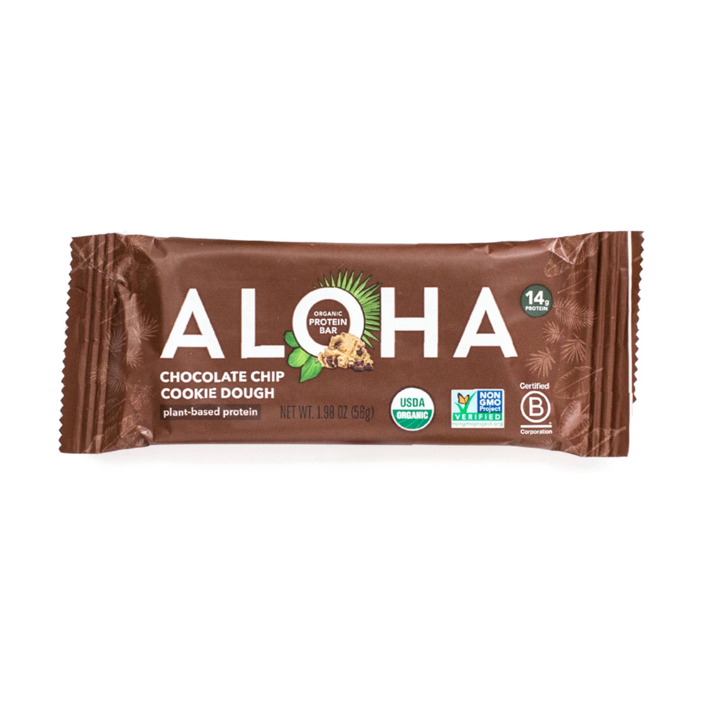 Close-up of ALOHA Bar Chocolate Chip Ckie Dgh chips highlights real ingredients and flavor.