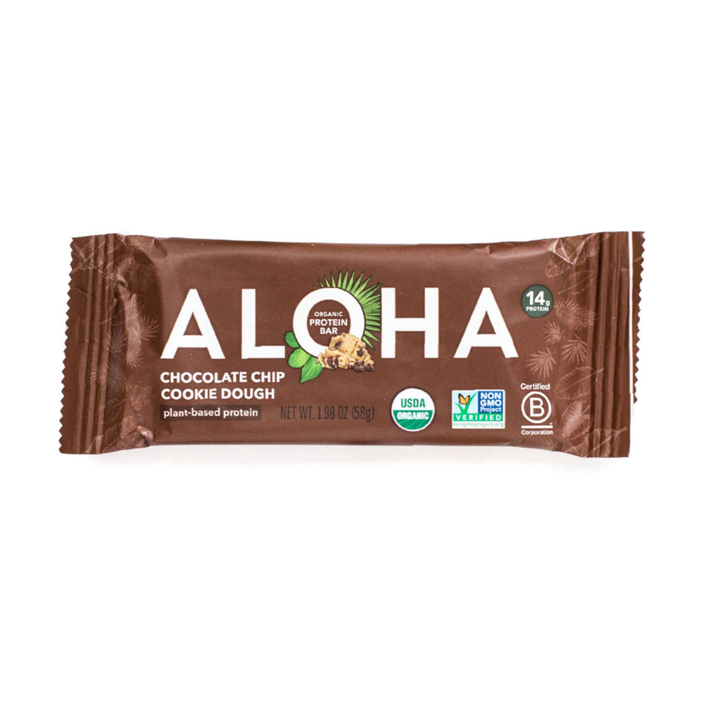Close-up of ALOHA Bar Chocolate Chip Ckie Dgh chips highlights real ingredients and flavor.
