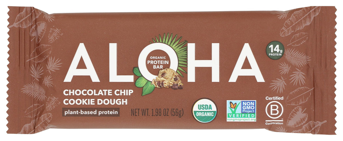 ALOHA Bar Chocolate Chip Ckie Dgh packaging shows a convenient snack for busy days.