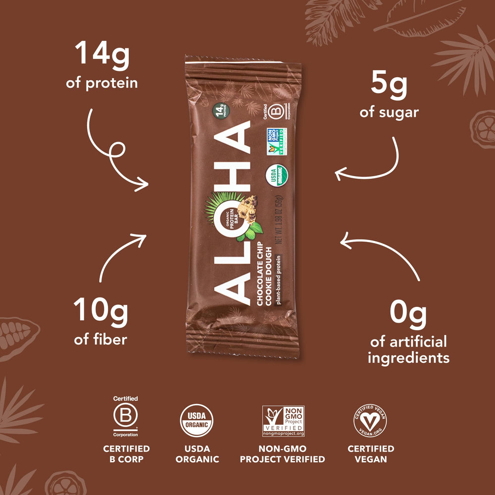ALOHA bar closeup texture highlights real chocolate chips and creamy cashew butter.