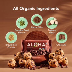 ALOHA bar ingredients image shows brown rice protein and pumpkin seeds for steady energy.