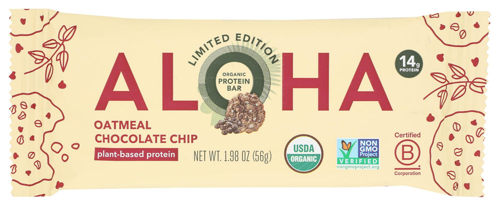 Aloha Bar Oatmeal Chocolate Chip packaging highlights premium ingredients for a quick snack.