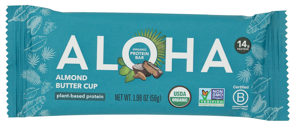 ALOHA Bar Protein Alm Bttr Cup packaging showcases premium ingredients for convenient snacking.