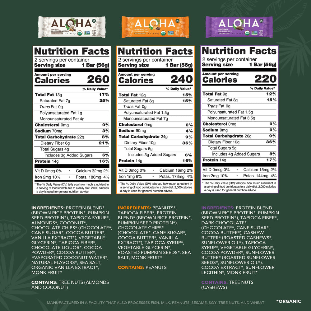 ALOHA bars flavors lined up on the counter for tasting.