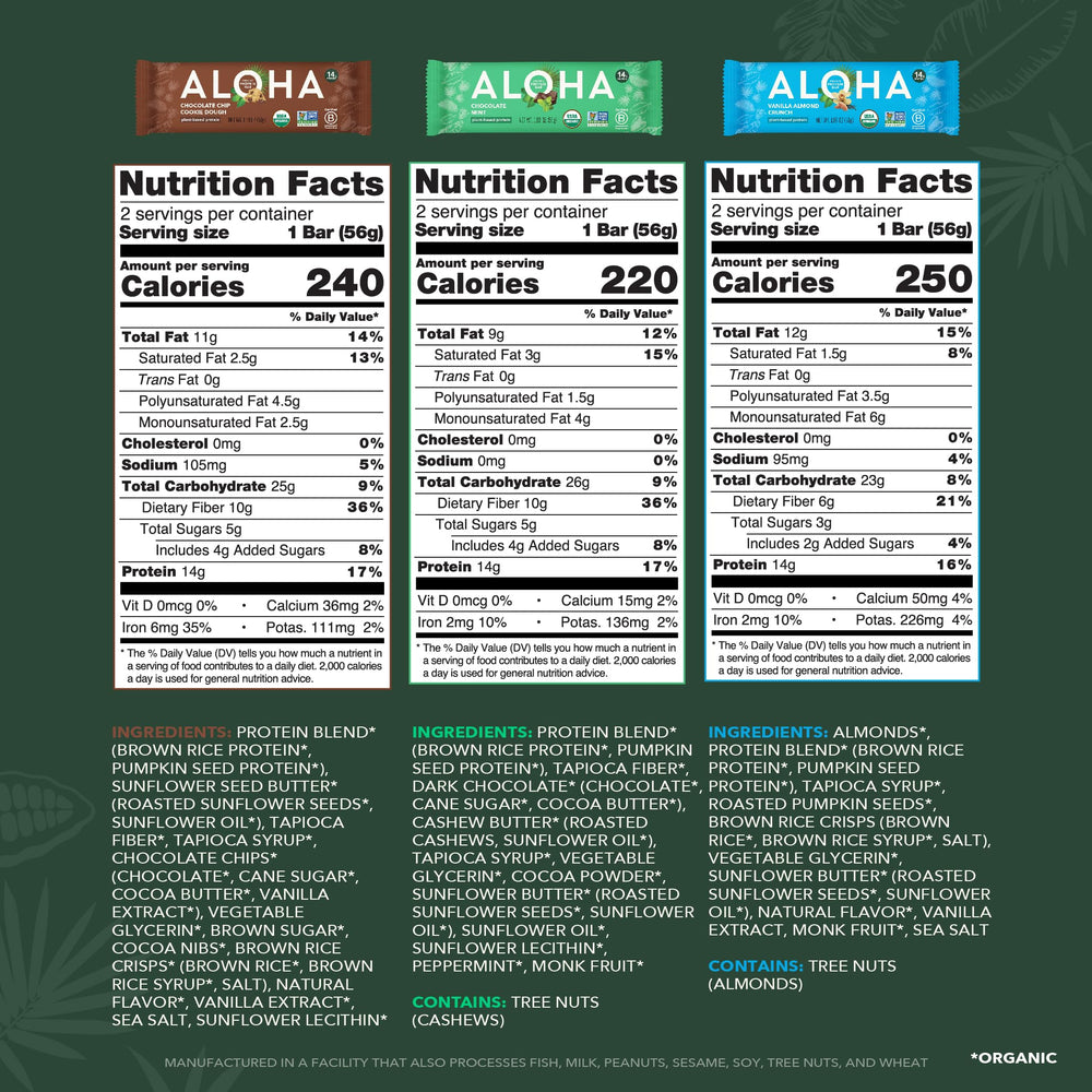 ALOHA bars packaging close-up highlighting clean labels and ingredients.