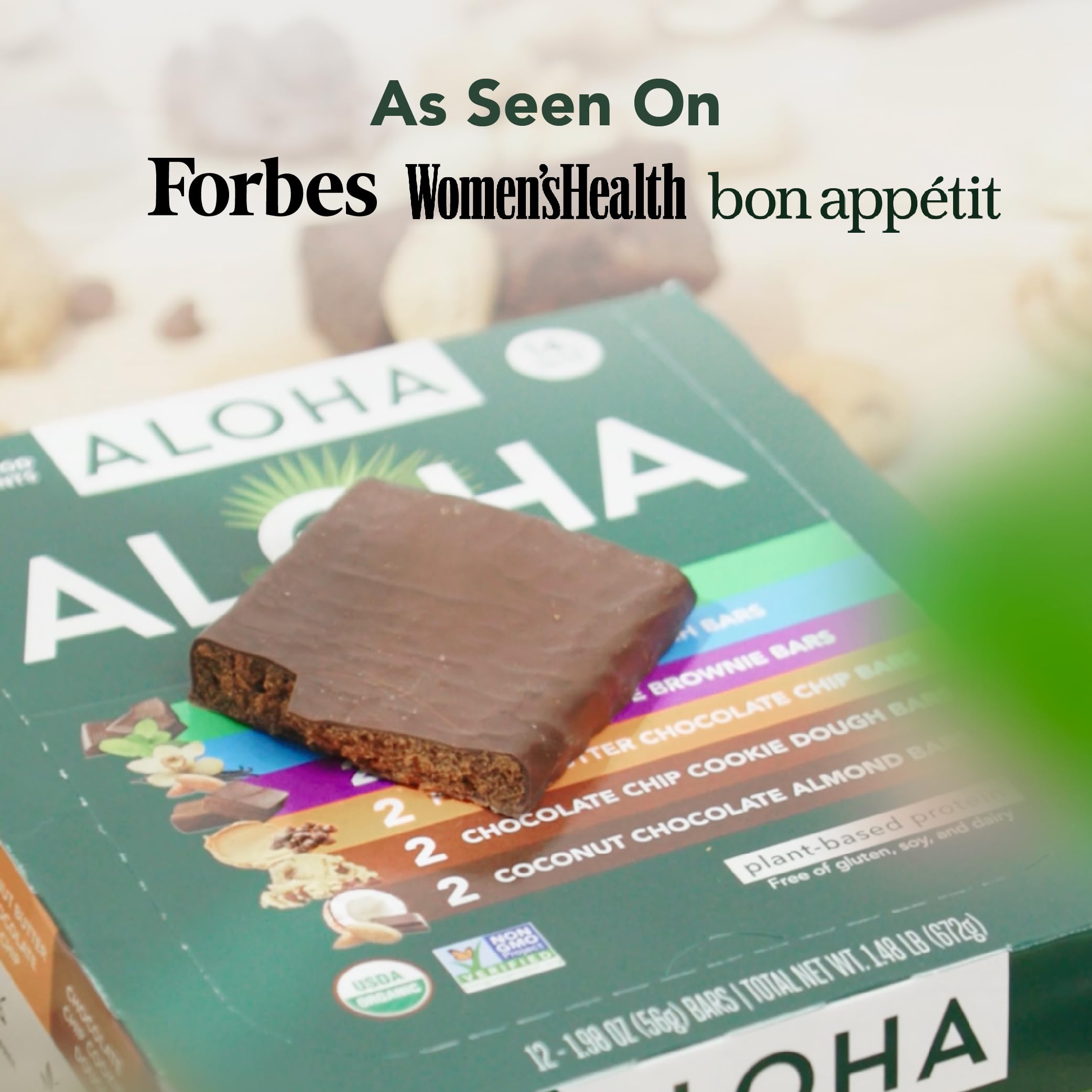 ALOHA bars nutrition facts close-up emphasizing protein and fiber.