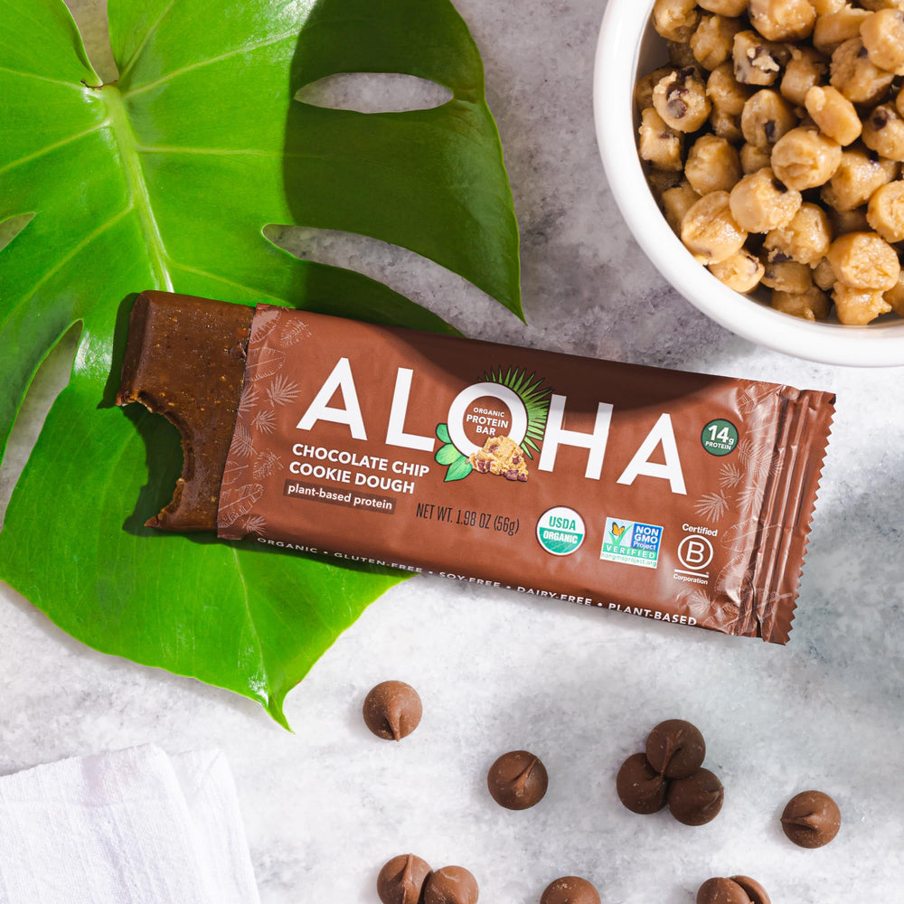 ALOHA box label shows USDA Organic and Non-GMO status